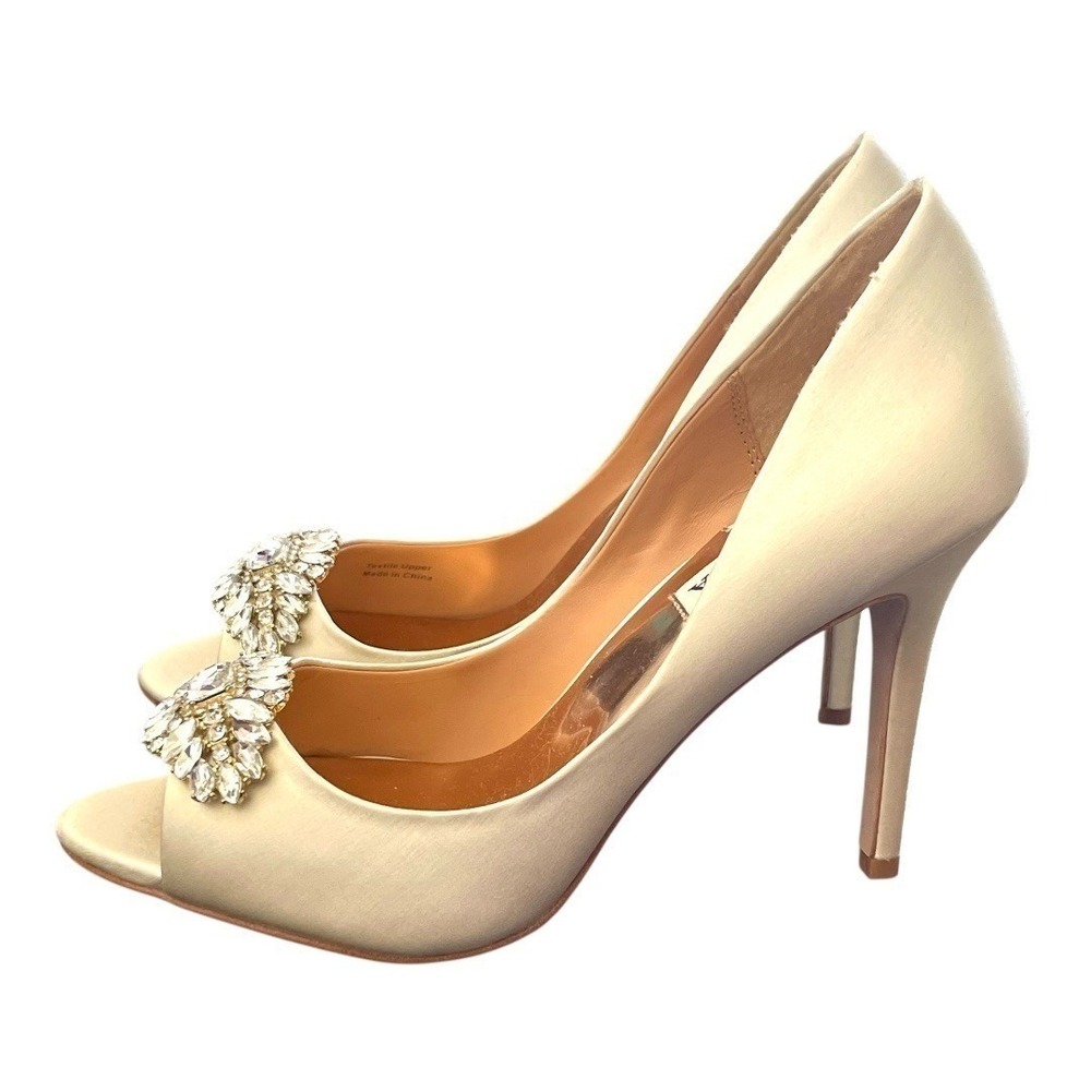 Badgley Mischka Sansa II Peep Toe Pump Women 7.5 Ivory Good Crystal Satin Heel - Picture 6 of 13